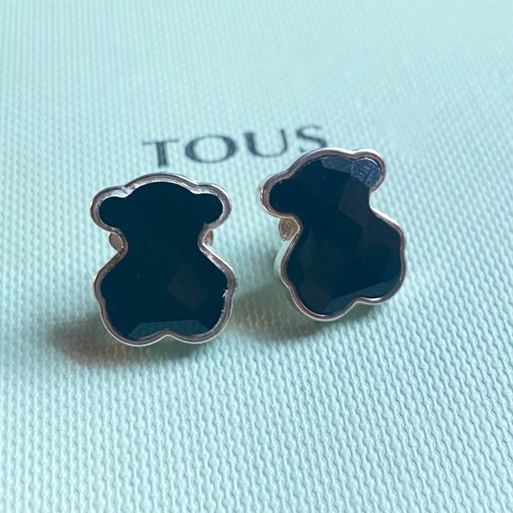 Authentic TOUS Color Silver Faceted Onyx Bear Earrings - Picture 1 of 3